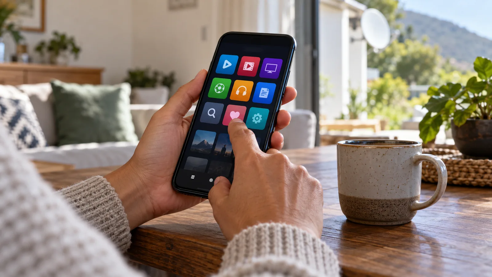 Hands holding a phone with the DStv app open beside a coffee mug in Noordhoek