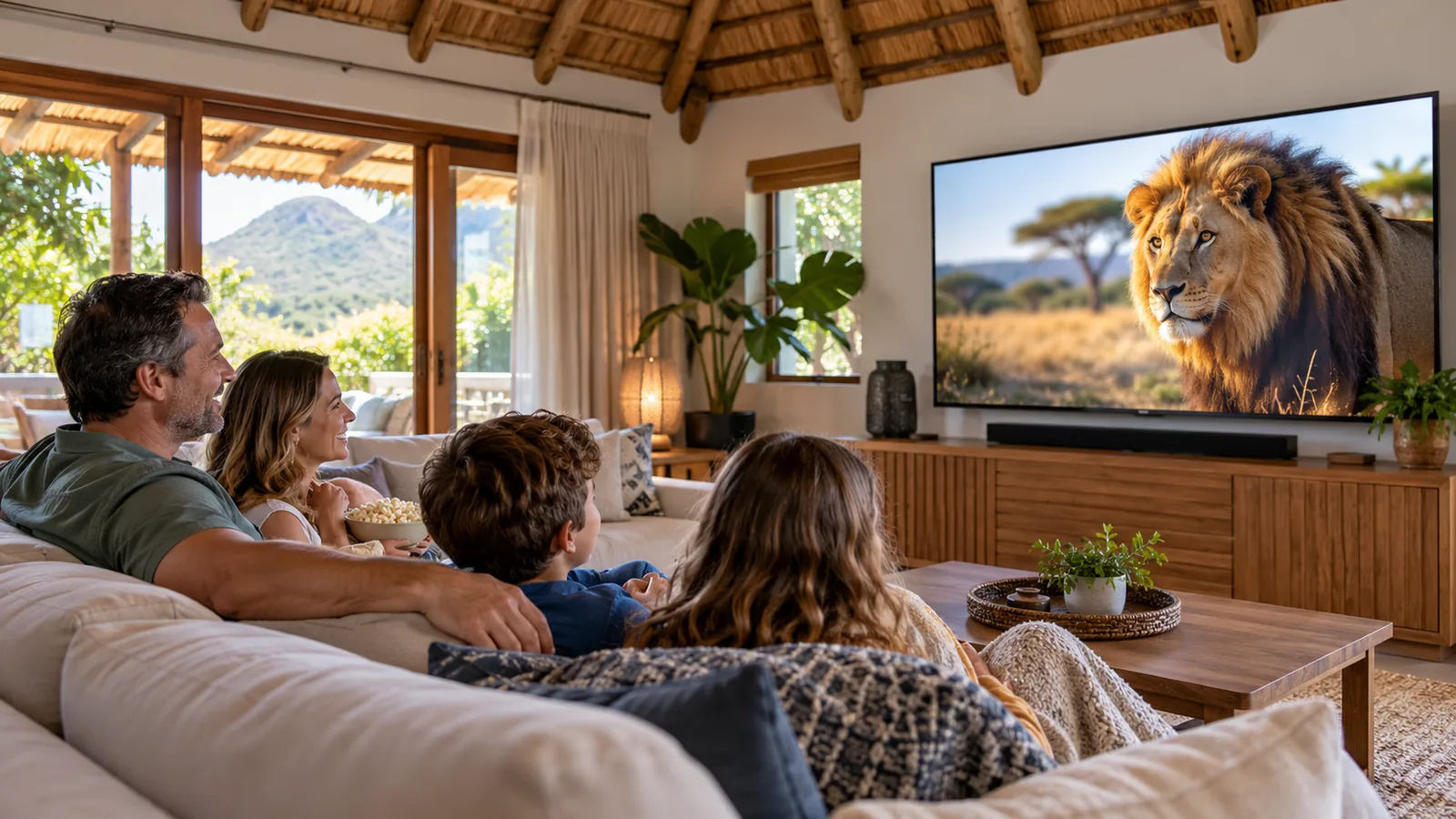 Family watching a smart TV in a thatched-roof lounge in Noordhoek