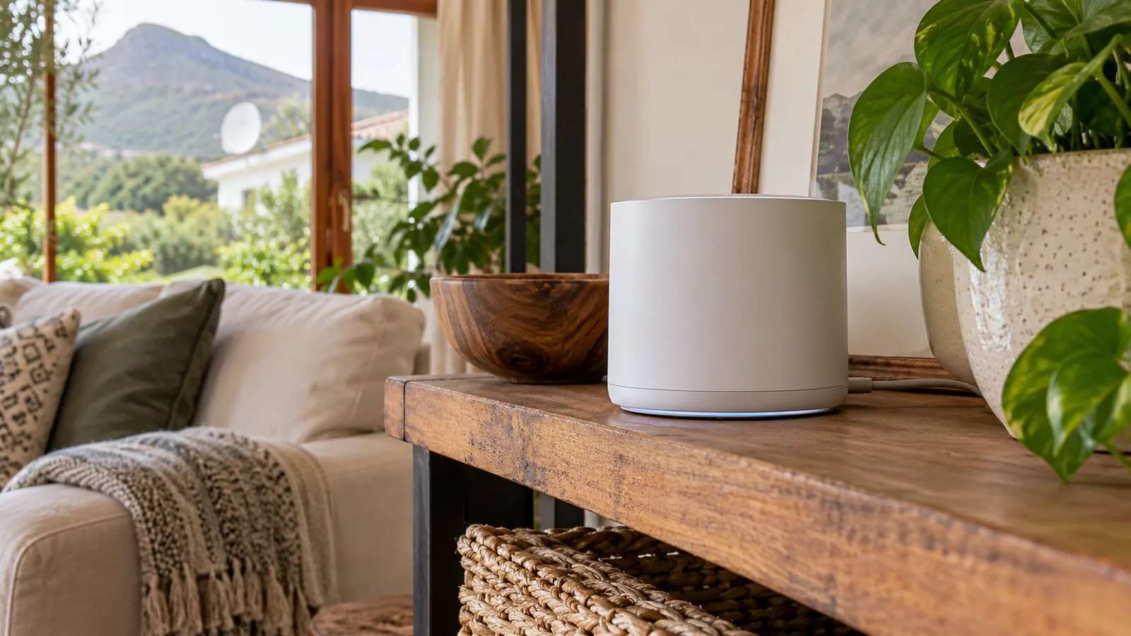 Mesh WiFi unit on a shelf in a Noordhoek farmhouse lounge