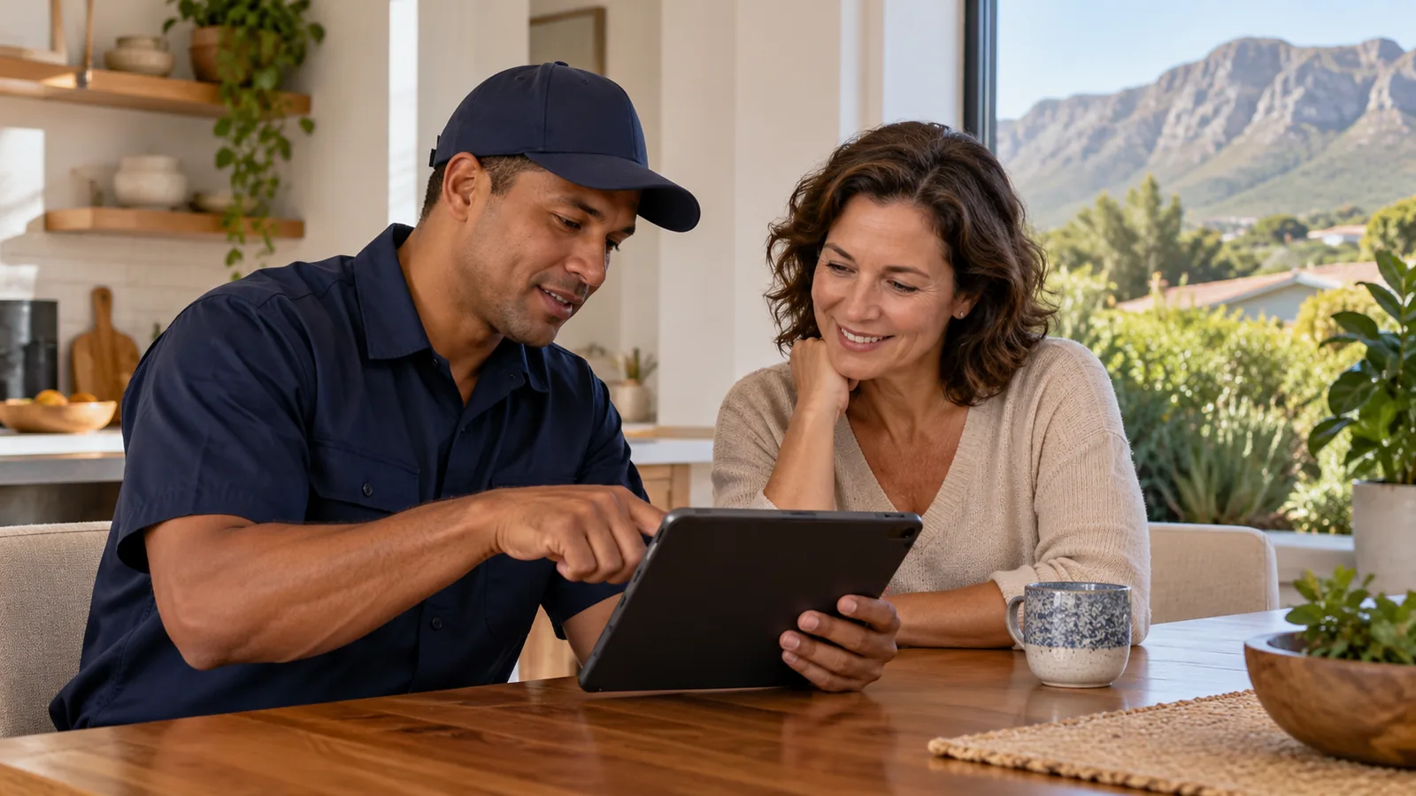 Technician setting up the DStv app on a tablet with a Noordhoek homeowner