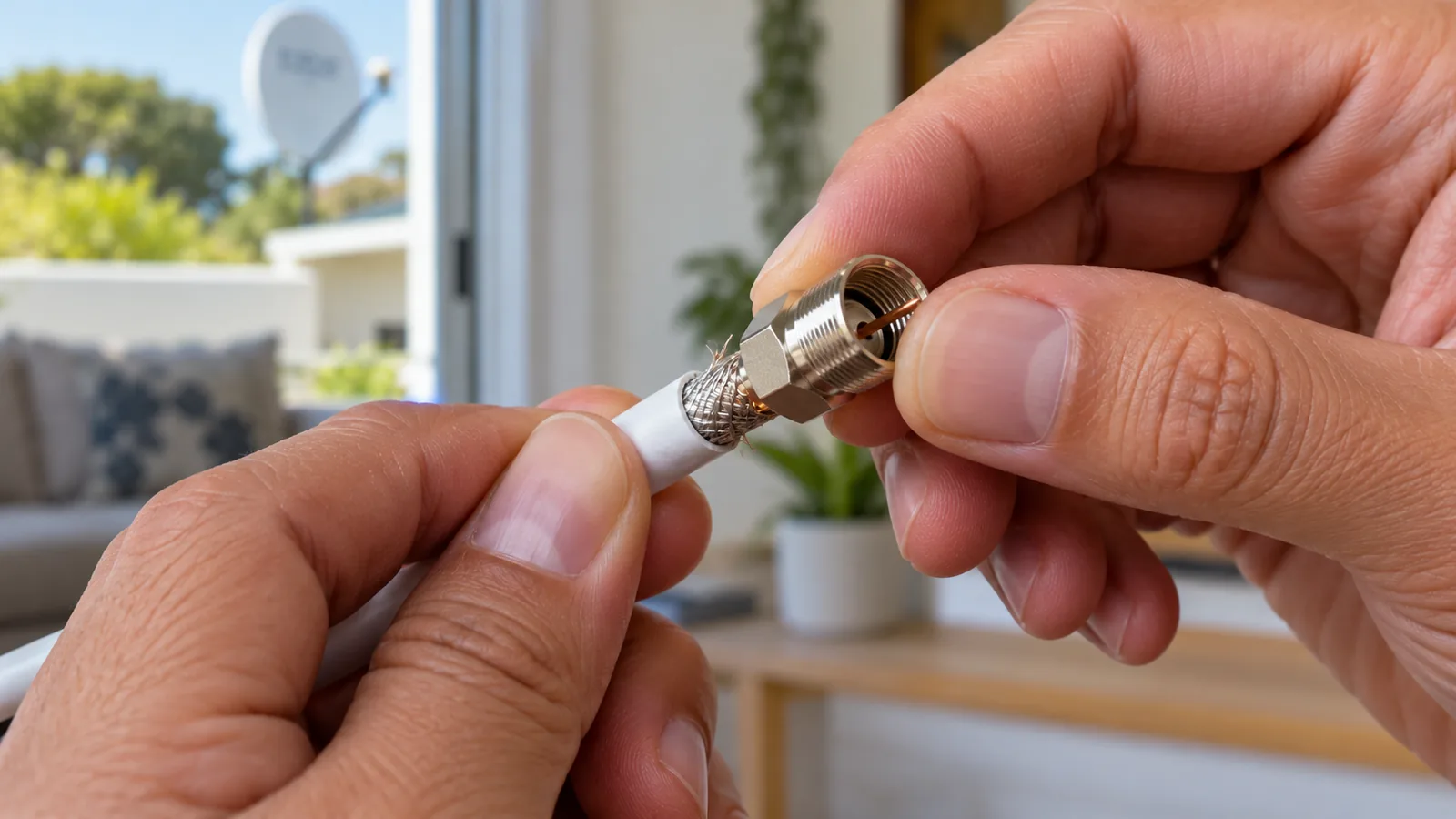 Hand fitting an F connector to RG6 coax for a DStv cable connection in Noordhoek