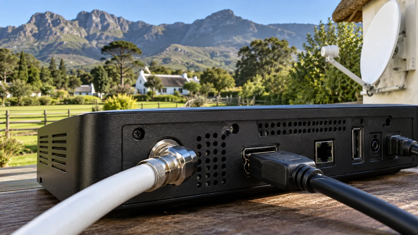 Back of a black decoder in Noordhoek with coaxial and HDMI cables plugged in