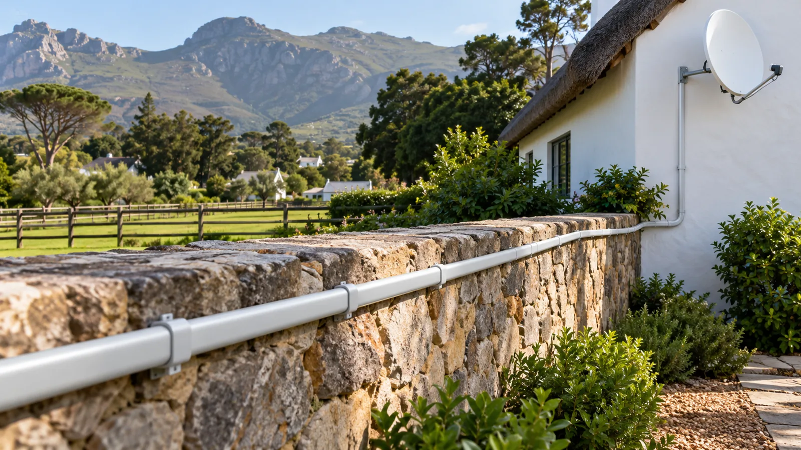 DStv cable connection in conduit along a Noordhoek garden wall leading to a cottage