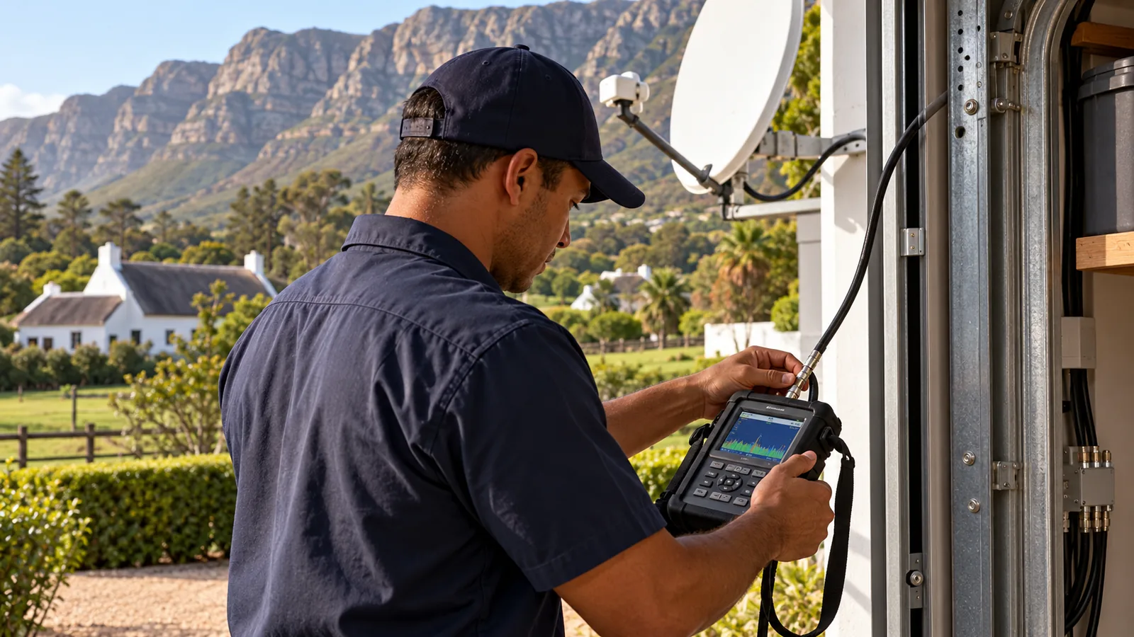 Technician testing a coaxial cable with a signal meter in a Noordhoek garage