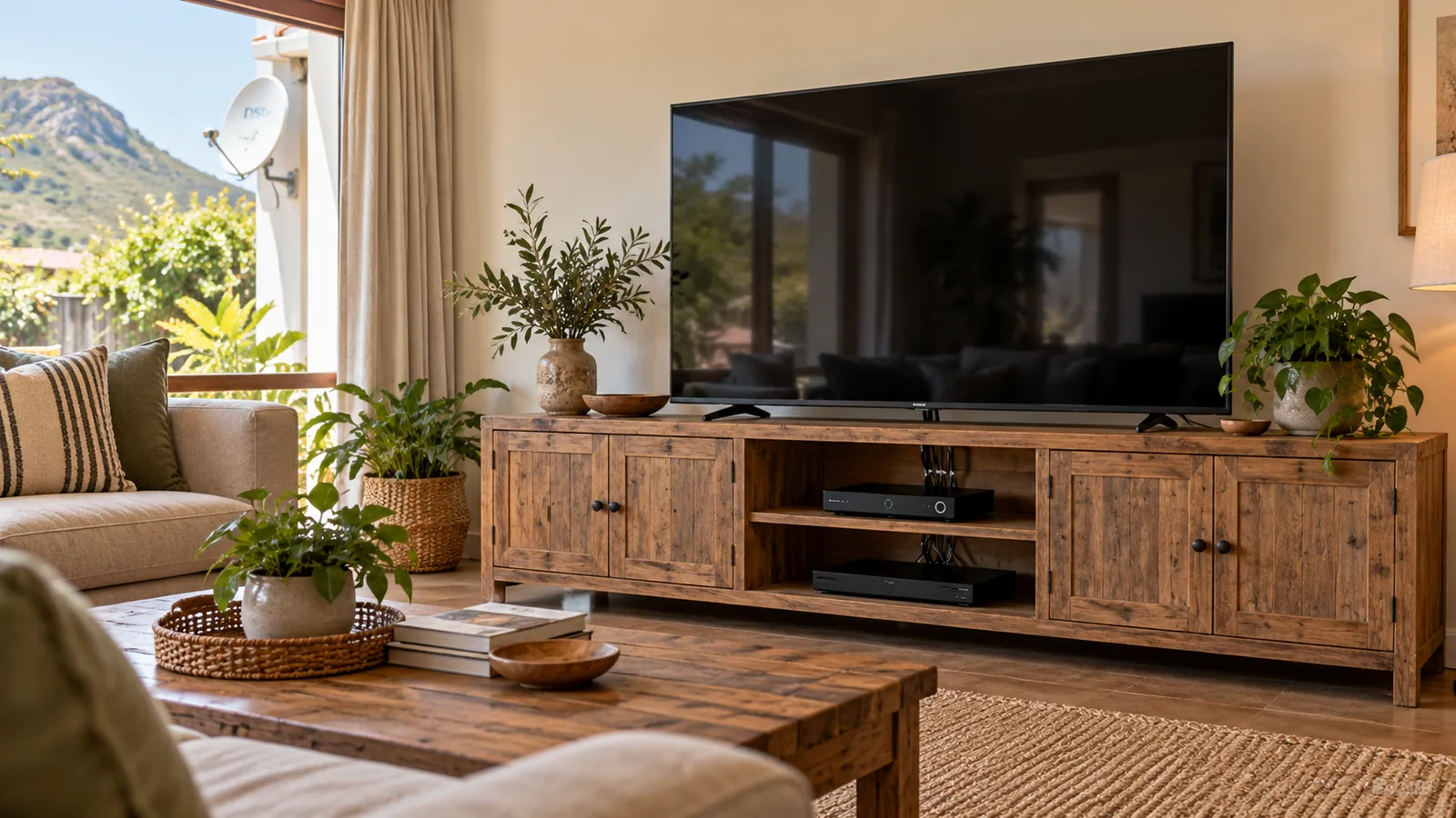Tidy TV cabinet with neatly bundled cables in a Noordhoek farmhouse lounge