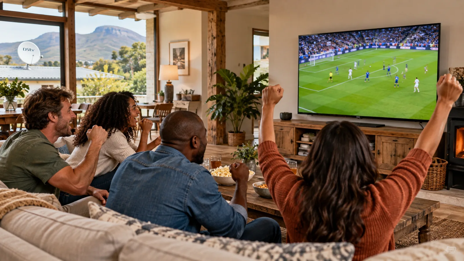 Friends watching football on DStv Compact channels on a big TV in a Noordhoek farmhouse