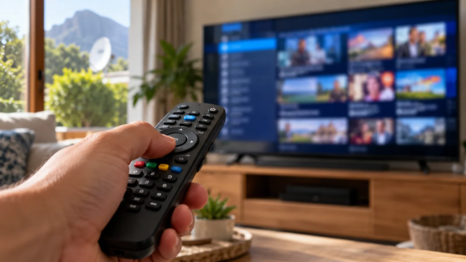Remote in a hand pointing at a TV with a blurred channel guide in Noordhoek