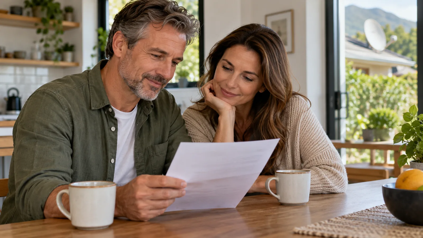 Couple at a Noordhoek kitchen table reading a letter about DStv Compact channels