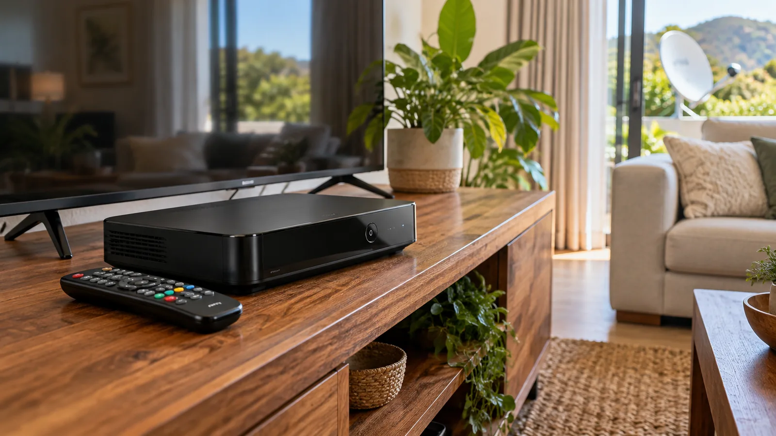 Black decoder on a wooden TV unit with a remote in a Noordhoek lounge