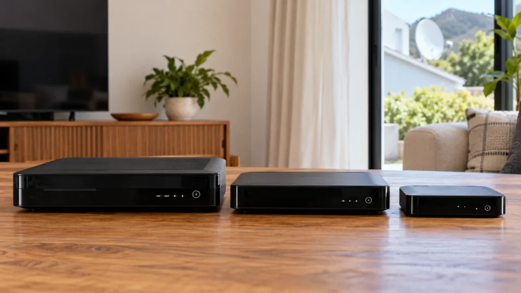 Three DStv decoder types of different sizes on a wooden table in Noordhoek
