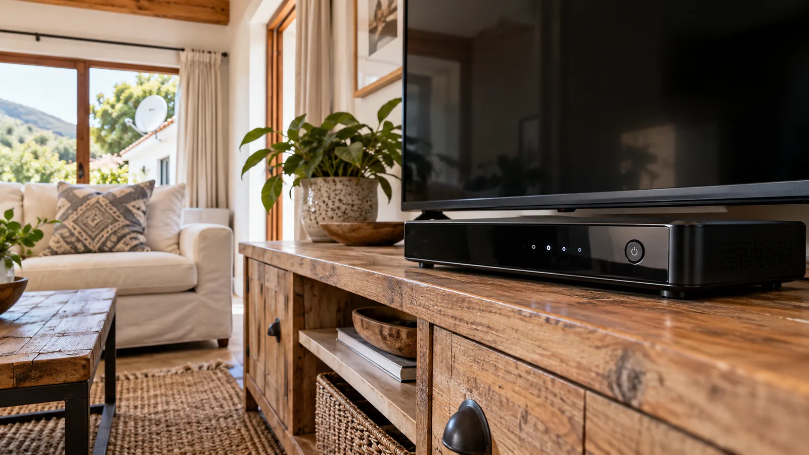 Explora decoder on a TV cabinet in a Noordhoek farmhouse lounge
