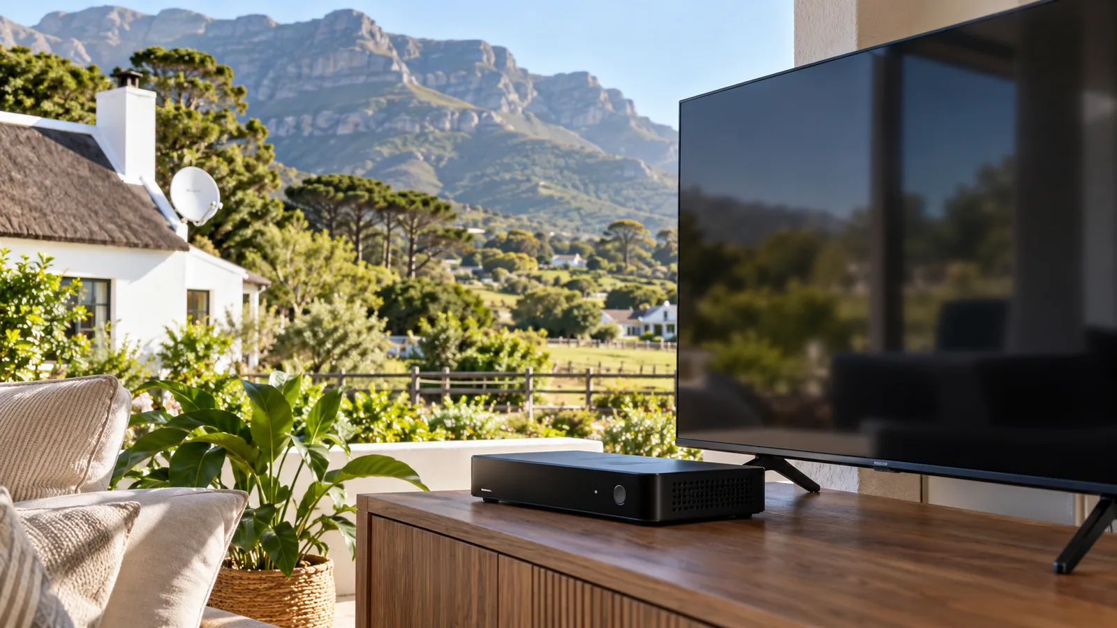 Small Streama streaming box beside a smart TV in a Noordhoek home