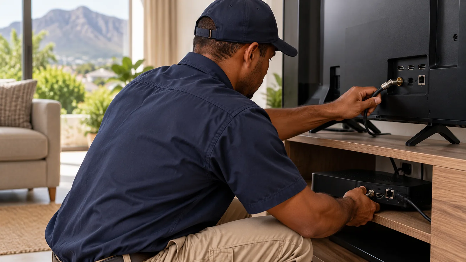 Technician connecting one of the DStv decoder types behind a TV unit in Noordhoek