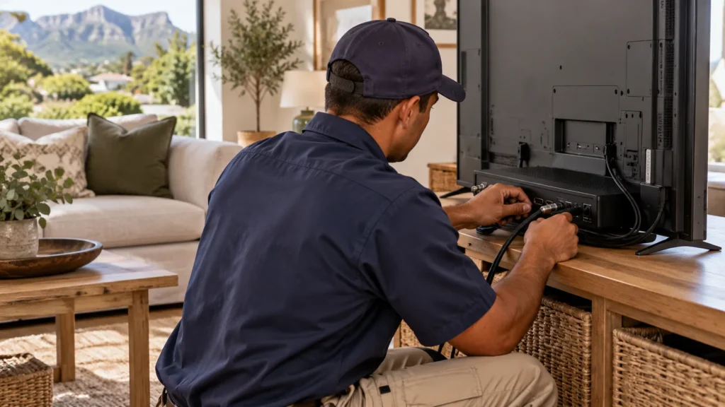 Technician doing a DStv Explora installation behind a TV in a Noordhoek farmhouse lounge