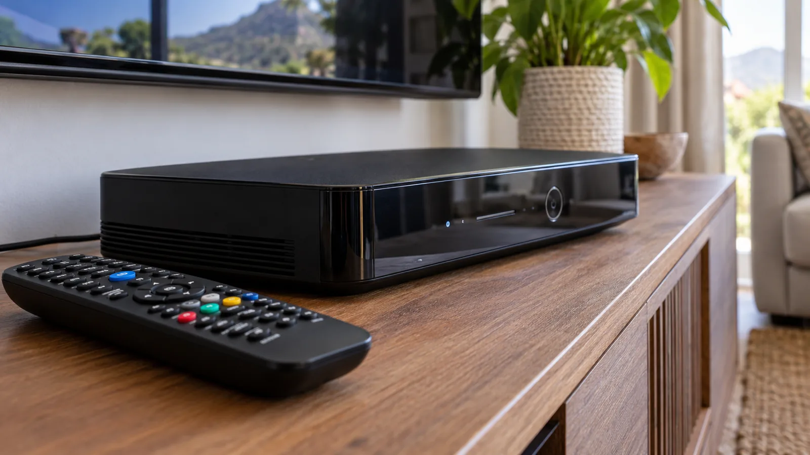 Explora style decoder on a TV unit with its remote in a Noordhoek home