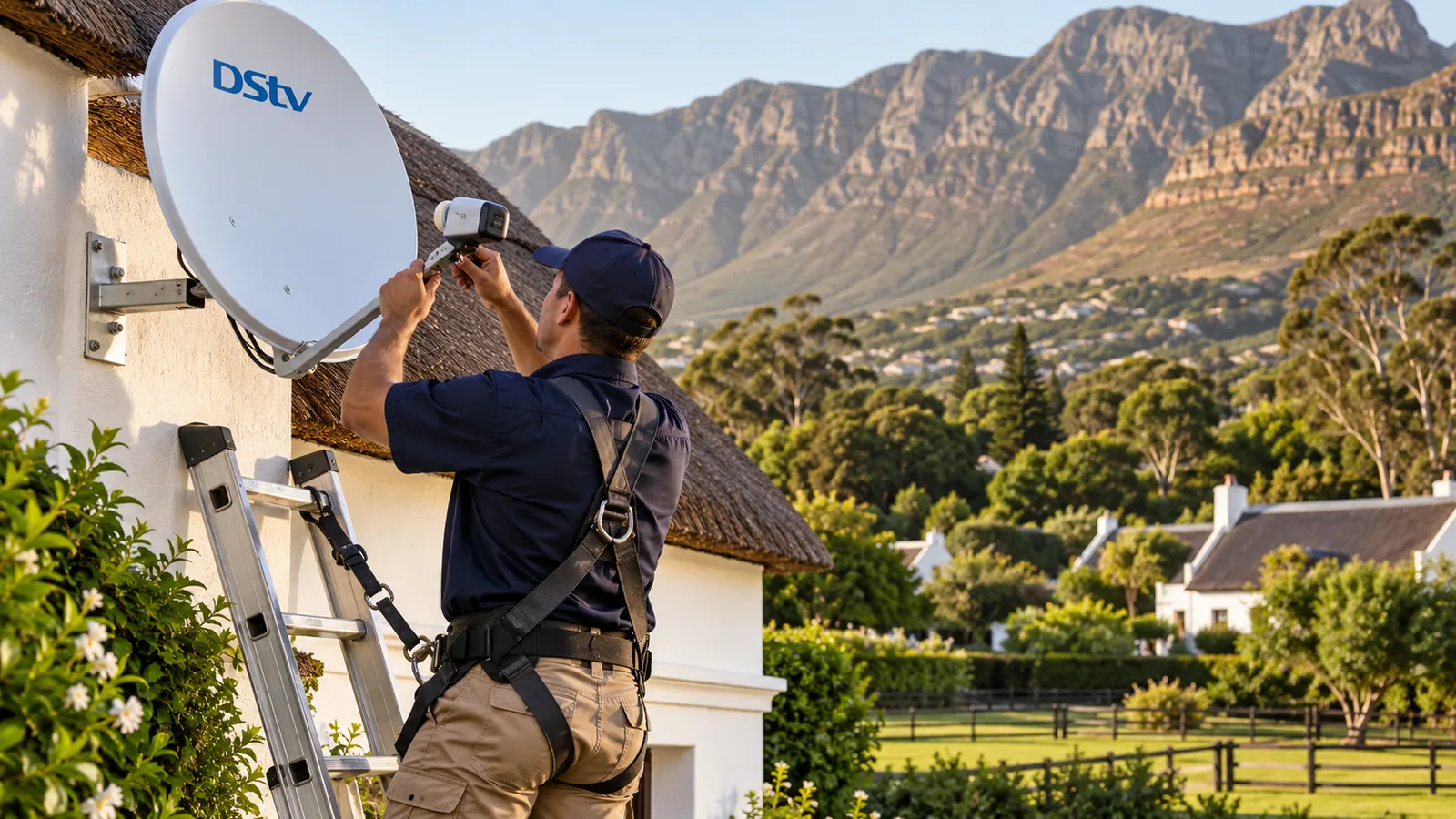 Technician on a secured ladder fitting a Smart LNB on a white dish, Noordhoek farmhouse