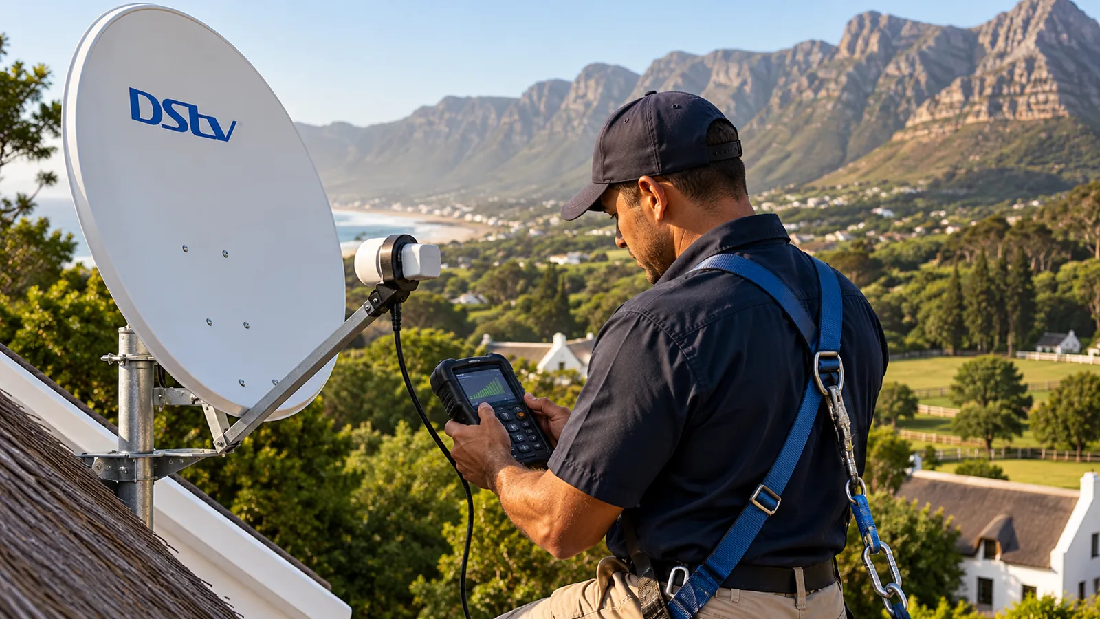 Technician with a signal meter beside the dish after a DStv Explora installation in Noordhoek