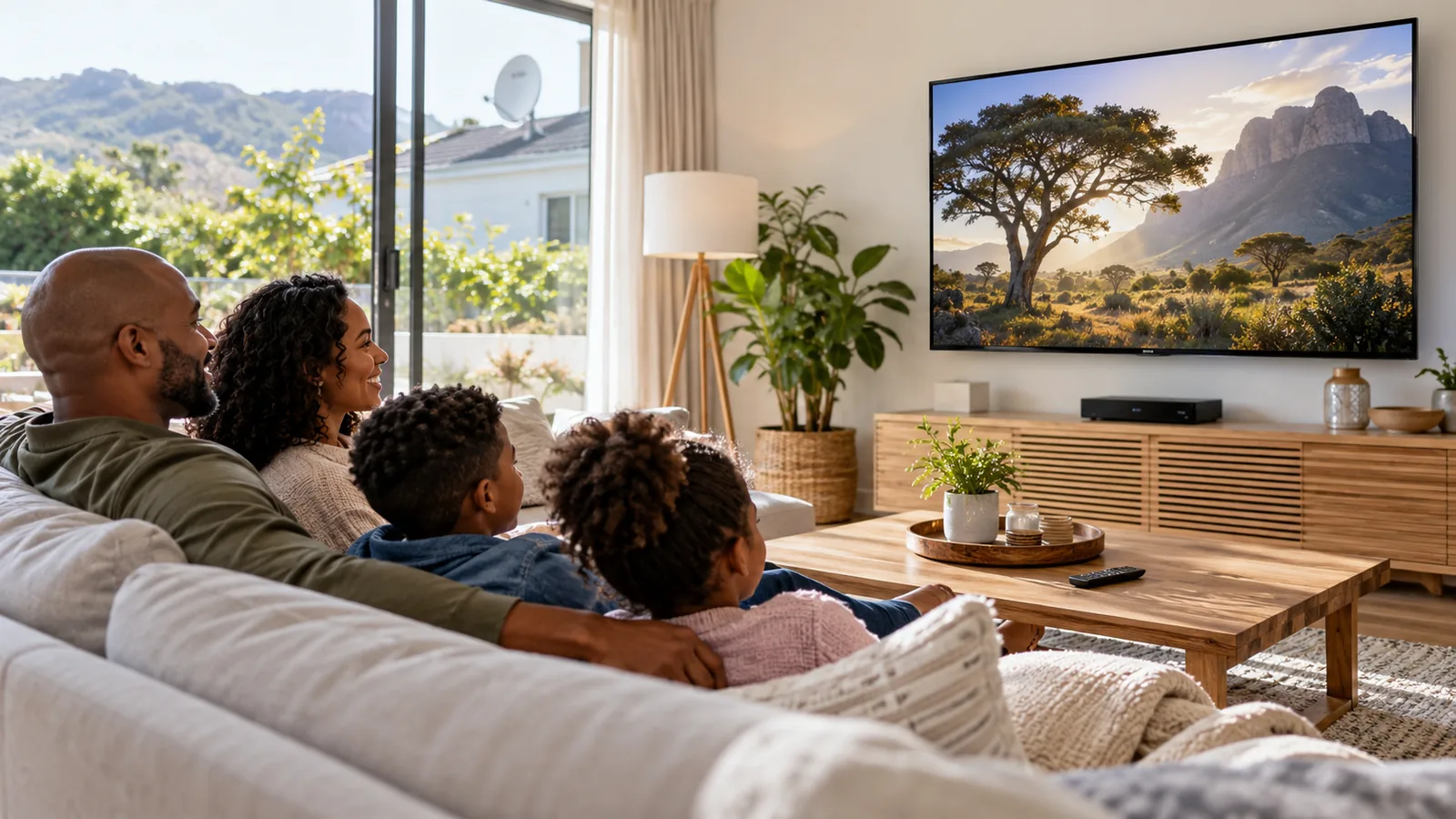 Family watching a recorded show together in a bright Noordhoek lounge