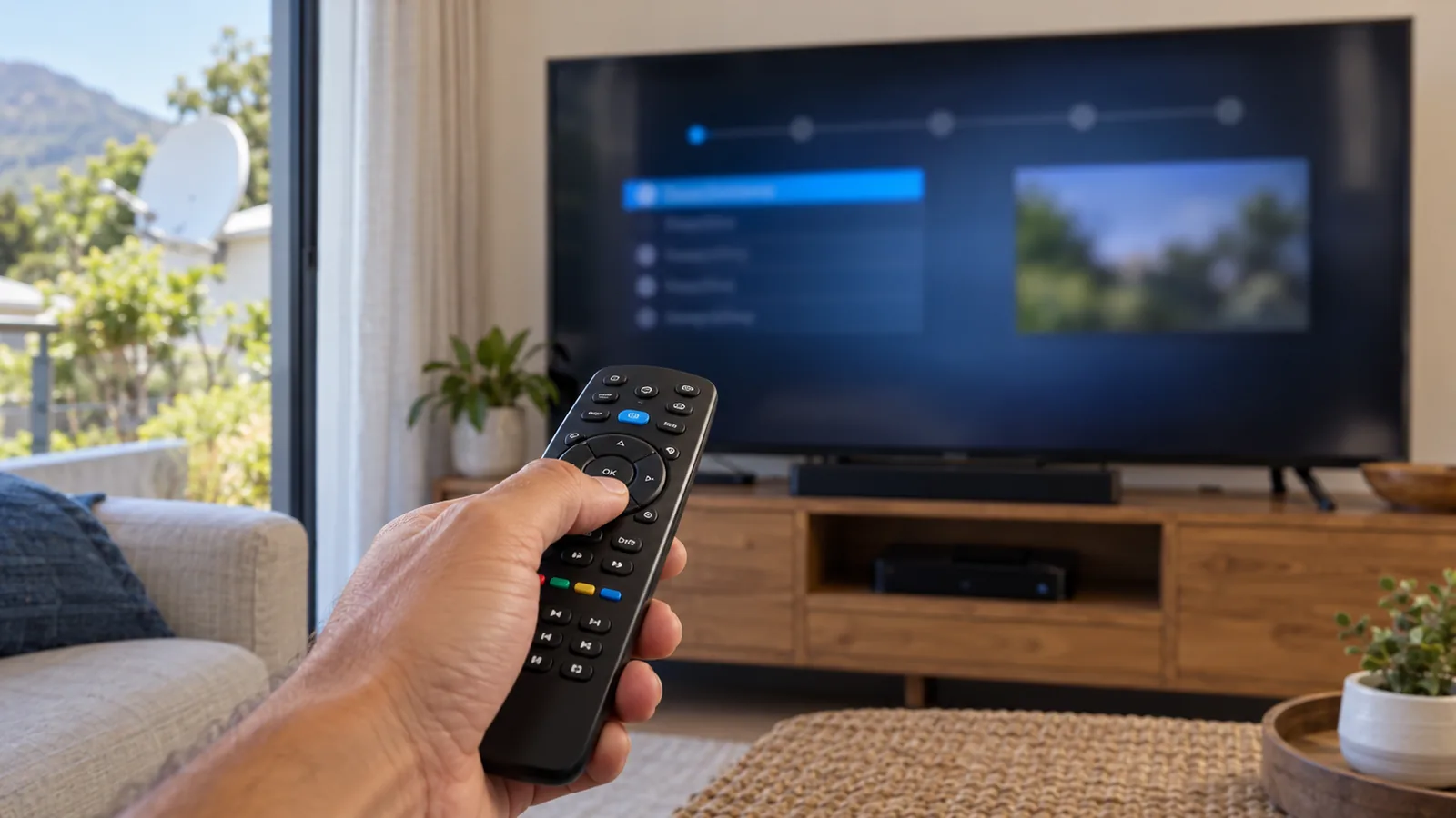 TV showing the DStv installation wizard setup screen with a remote, Noordhoek lounge