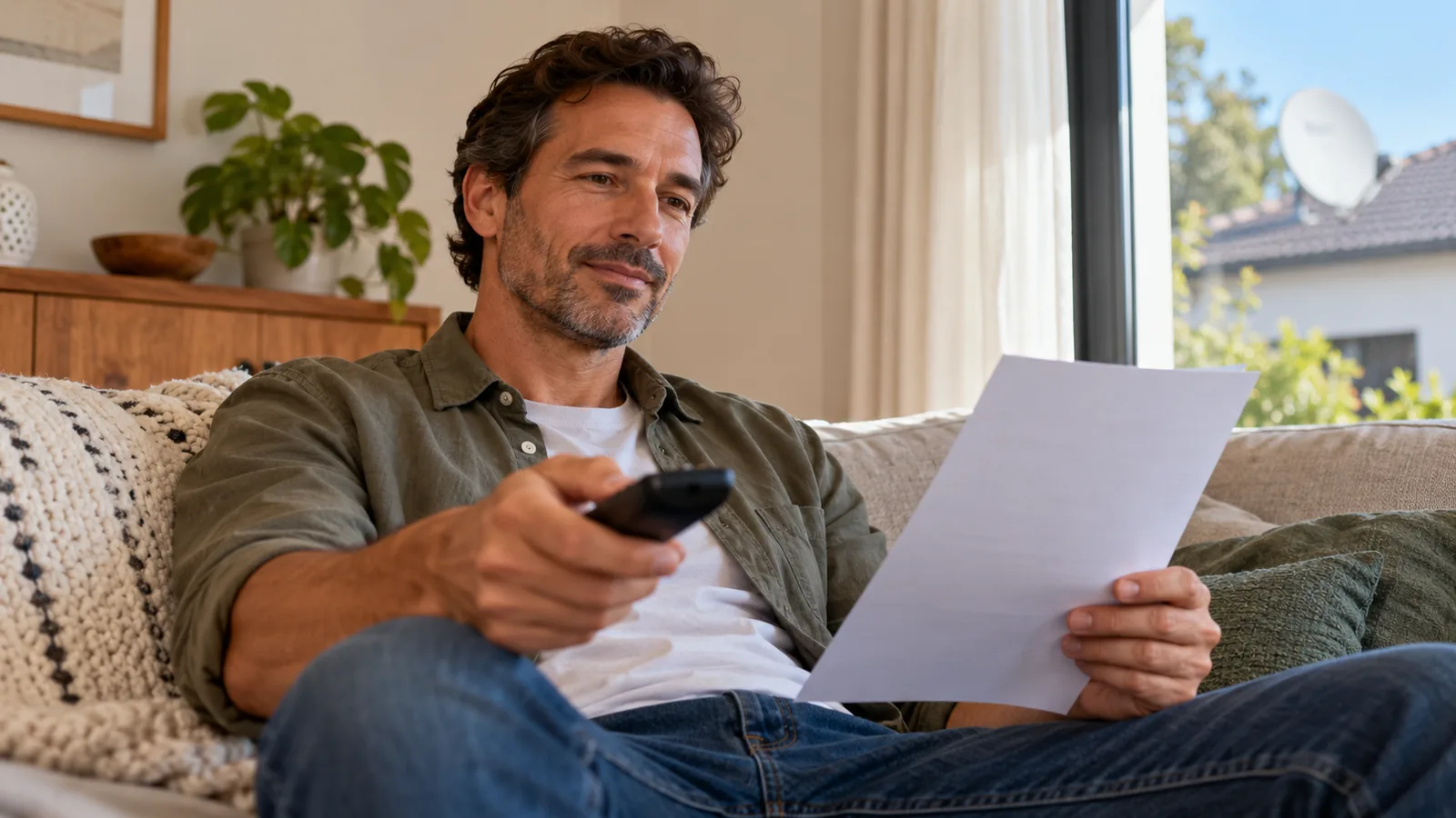 Noordhoek homeowner on a couch holding a remote and a printed setup note