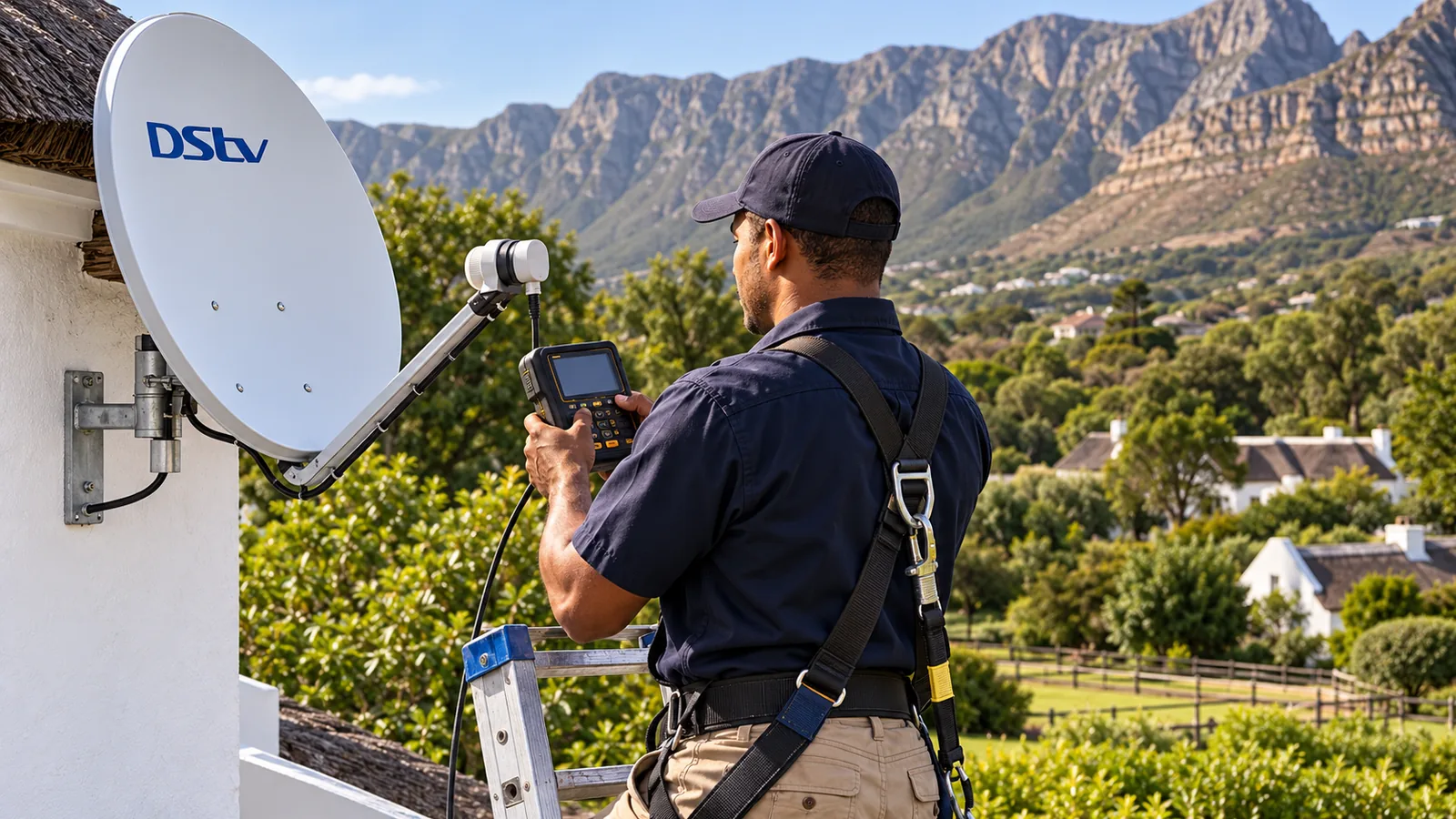 Technician with a signal meter beside a white DStv dish, trees behind, Noordhoek