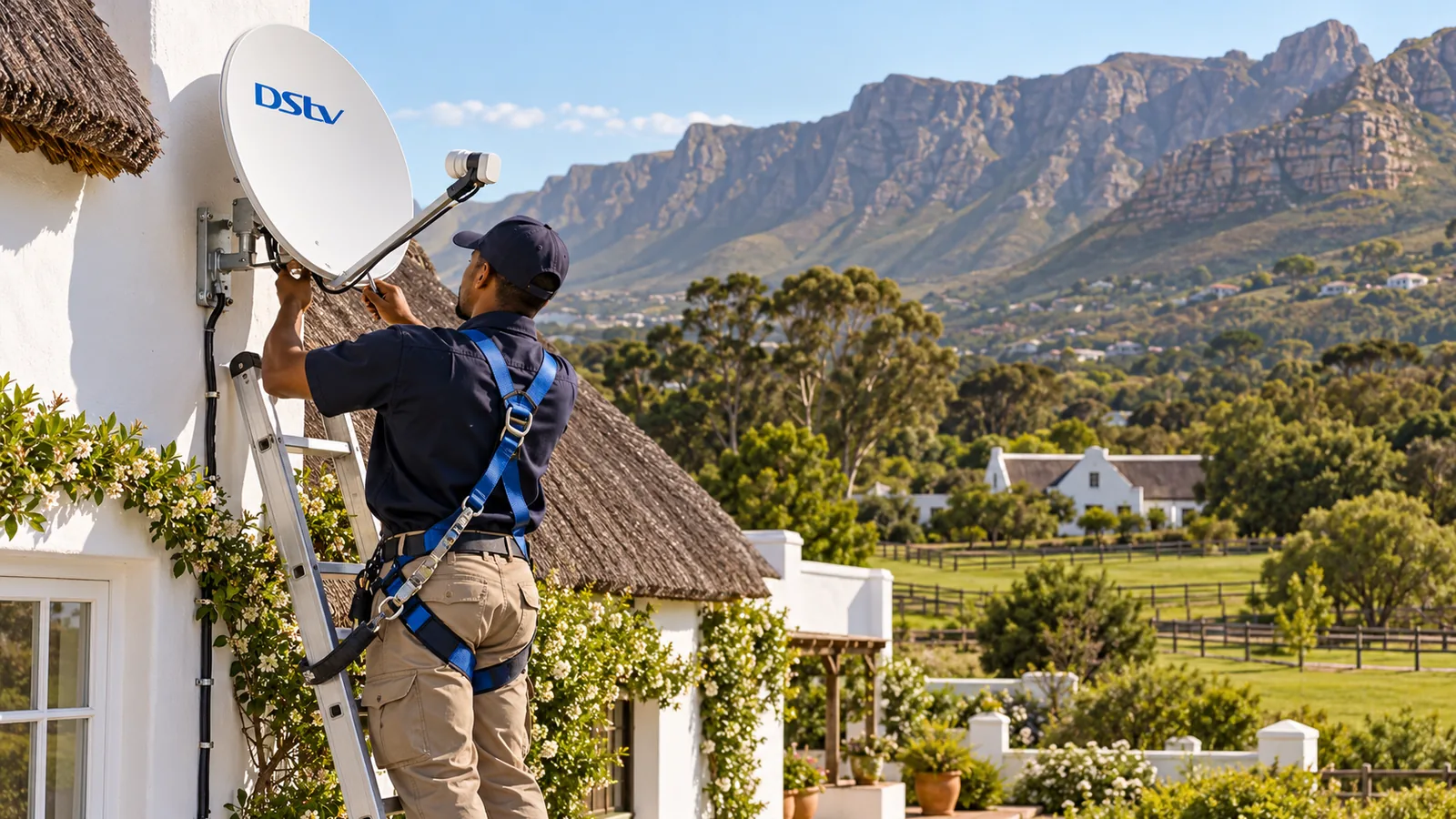 Technician on a secured ladder adjusting a dish after a DStv installation wizard check in Noordhoek