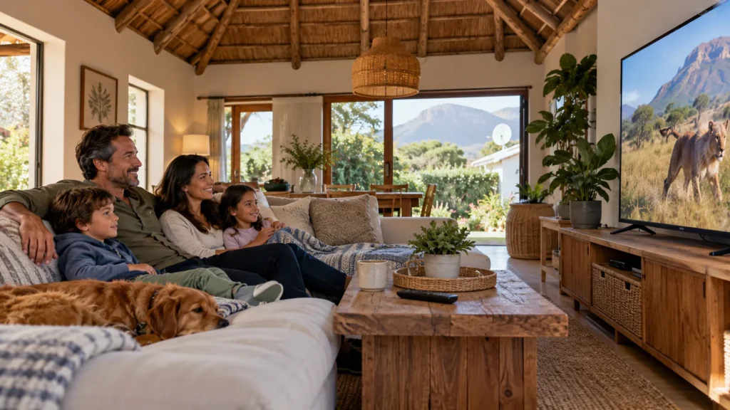 Noordhoek family watching the DStv Select package in a thatched farm-style lounge