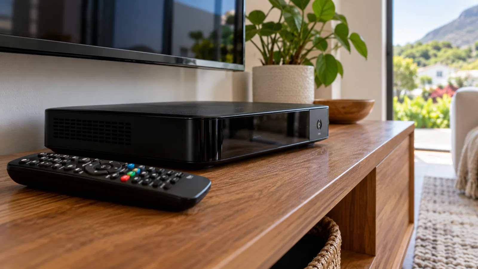 Black DStv decoder and remote on a wooden TV unit in a Noordhoek home