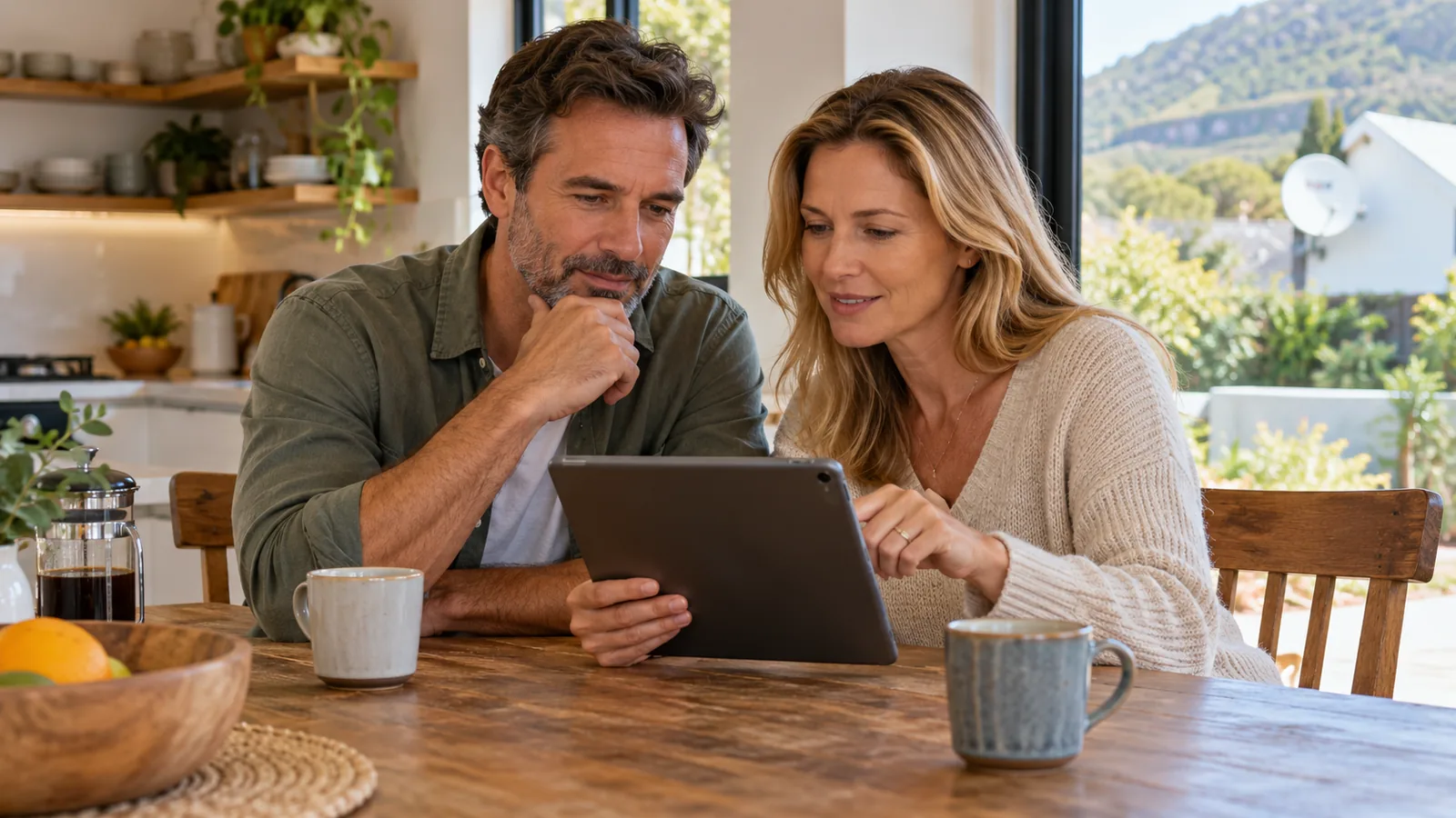 Parents comparing the DStv Select package on a tablet at a Noordhoek farmhouse table