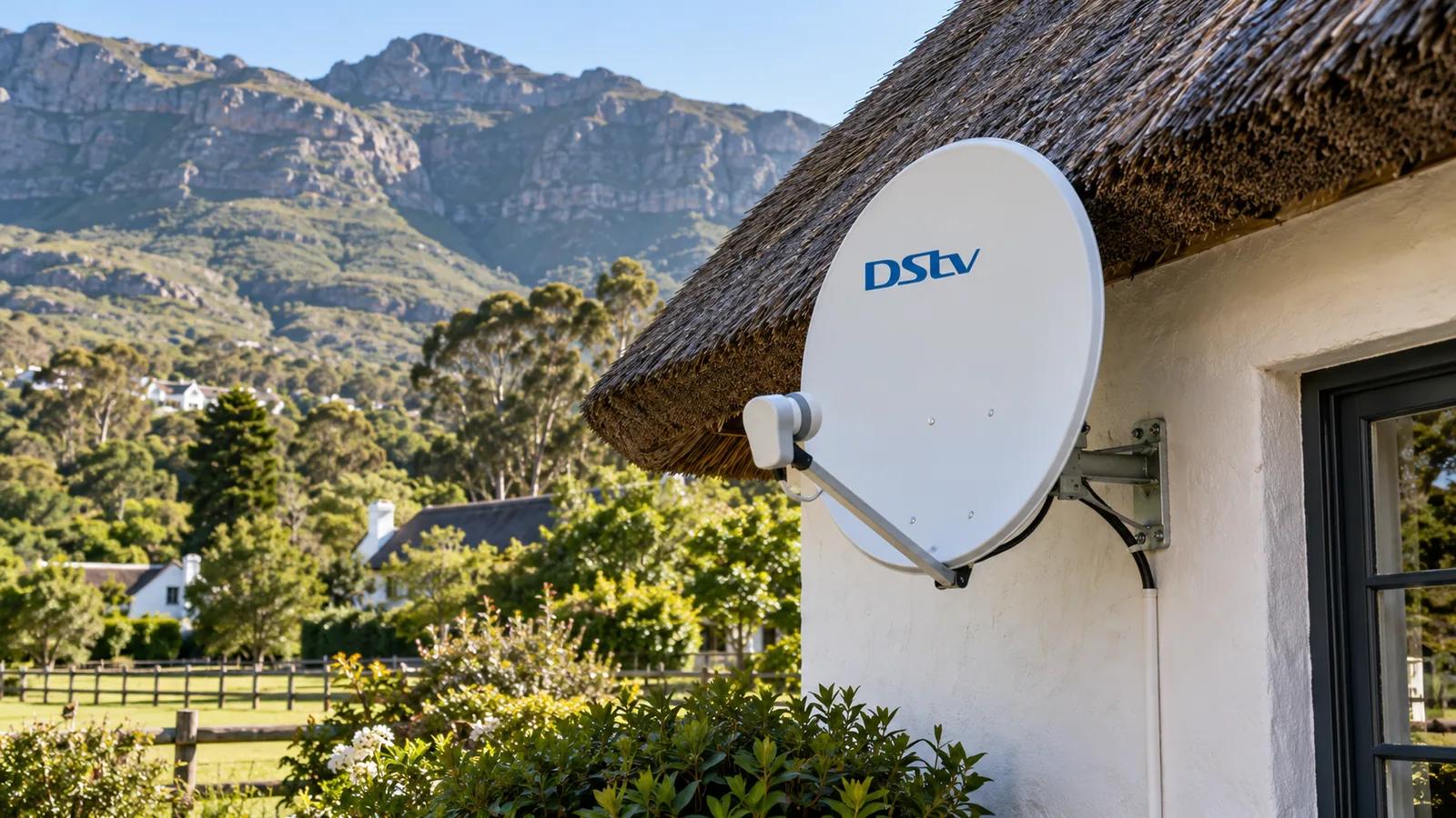 White DStv dish on a thatched outbuilding wall with Noordhoek mountains behind