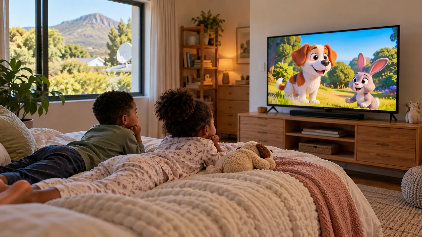 Kids watching cartoons on a bedroom TV in a cosy Noordhoek home