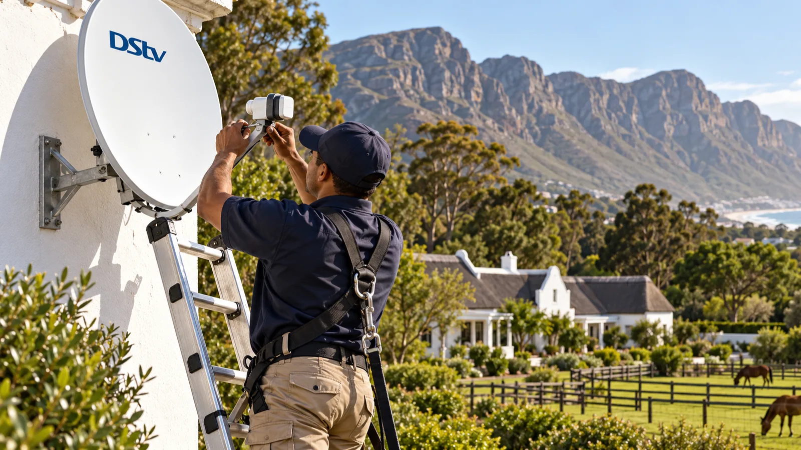DStv Smart LNB Price in Noordhoek: Fitting Costs Explained 2 Technician on a secured ladder fitting an LNB on a Noordhoek farmhouse dish