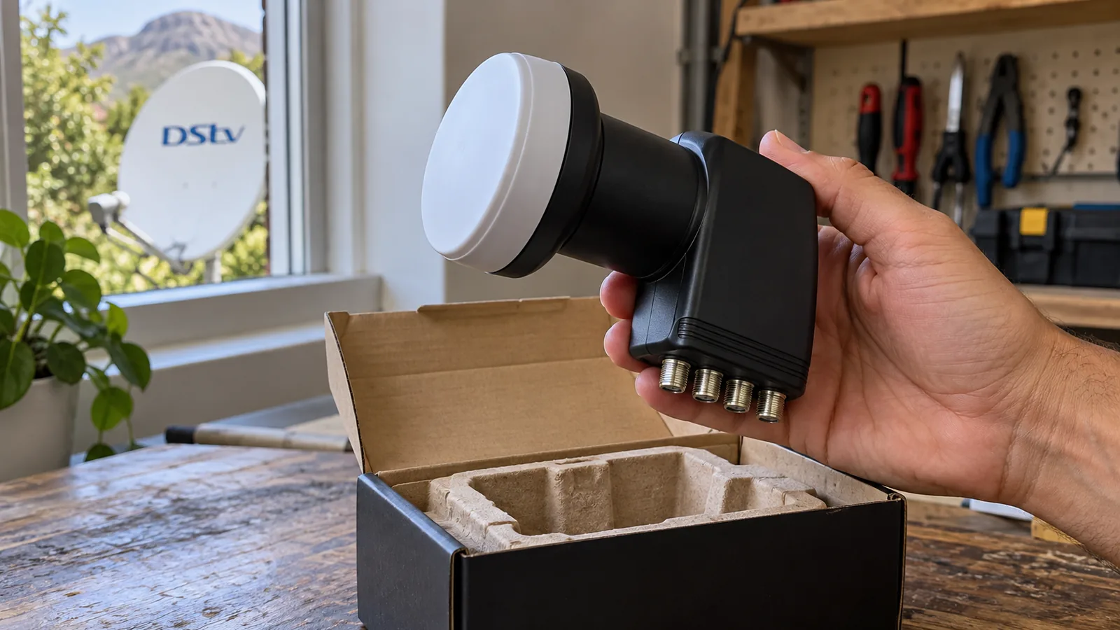 DStv Smart LNB Price in Noordhoek: Fitting Costs Explained 3 New Smart LNB held above its box on a Noordhoek workbench, showing DStv Smart LNB price