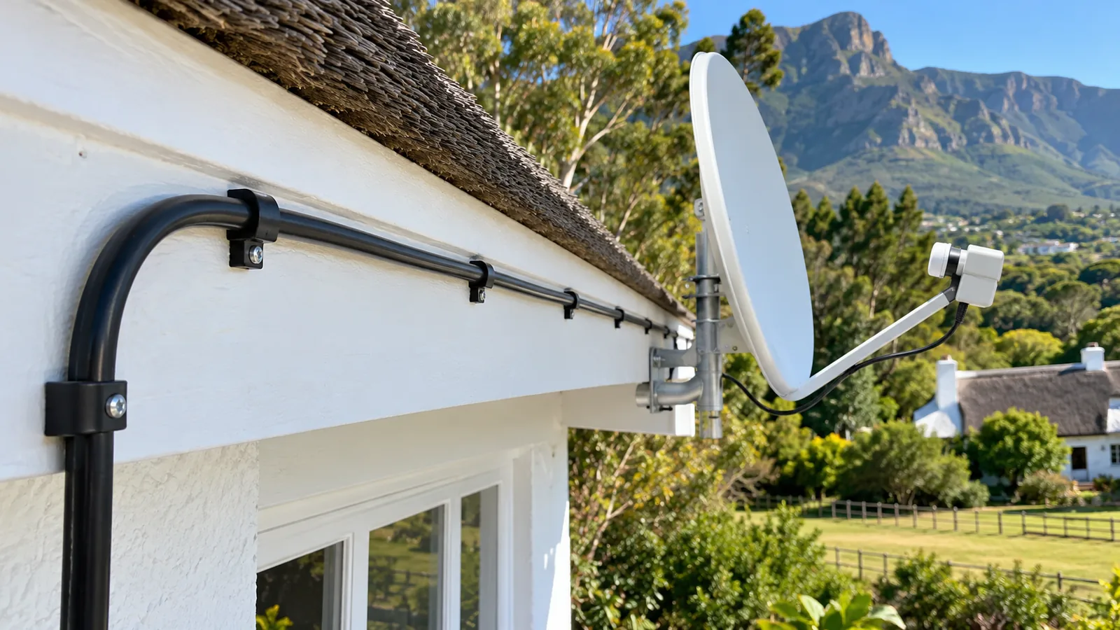 DStv Smart LNB Price in Noordhoek: Fitting Costs Explained 4 Neat RG6 cable clipped along a fascia toward a Noordhoek outbuilding