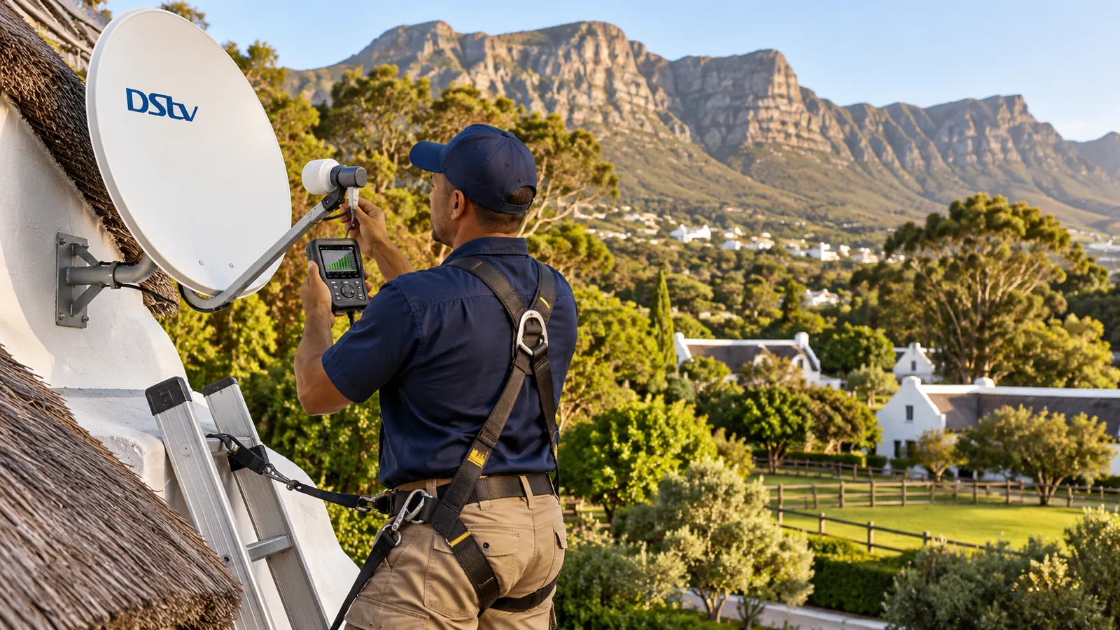 DStv Smart LNB Price in Noordhoek: Fitting Costs Explained 5 Technician holding a satellite signal meter beside a DStv dish in Noordhoek