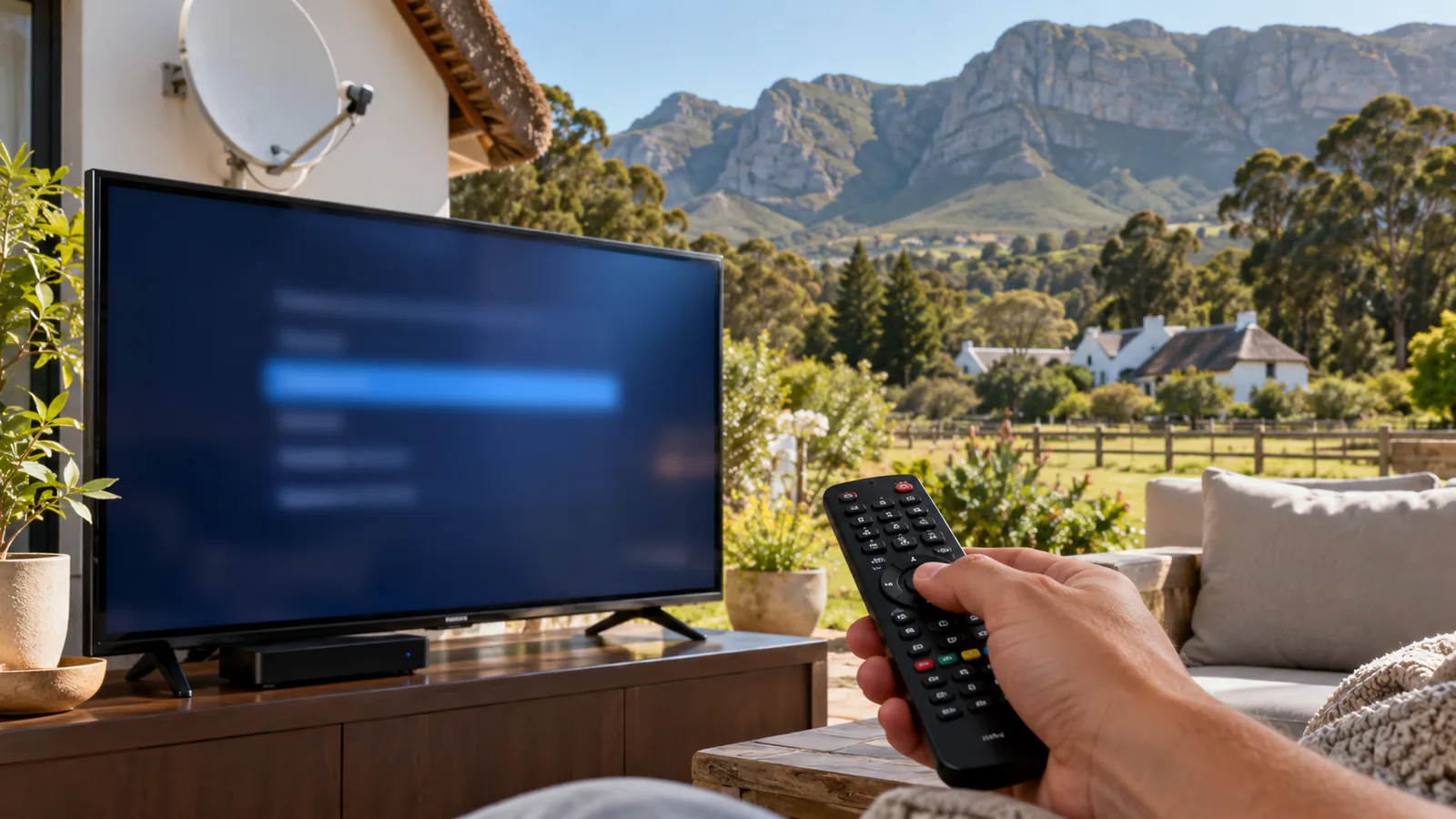 TV with a blurred setup screen and a remote in hand in Noordhoek