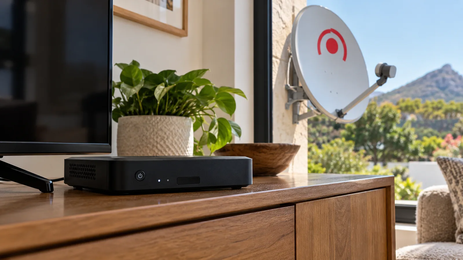 OpenView Installation Price in Noordhoek: Honest 2026 Guide 2 Small matte black OpenView HD decoder on a wooden cabinet in a Noordhoek home