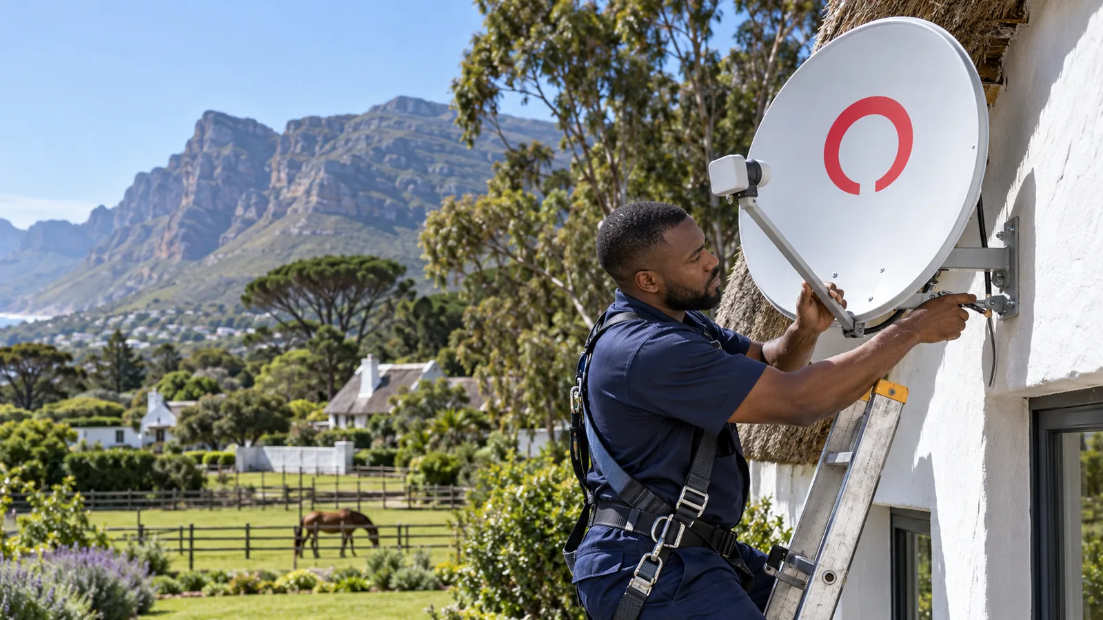 OpenView Installation Price in Noordhoek: Honest 2026 Guide 3 Technician fitting a light grey OpenView dish on a Noordhoek farm cottage wall