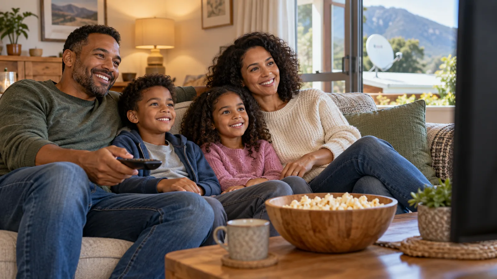 OpenView Installation Price in Noordhoek: Honest 2026 Guide 4 Family watching free TV together in a cosy Noordhoek cottage lounge