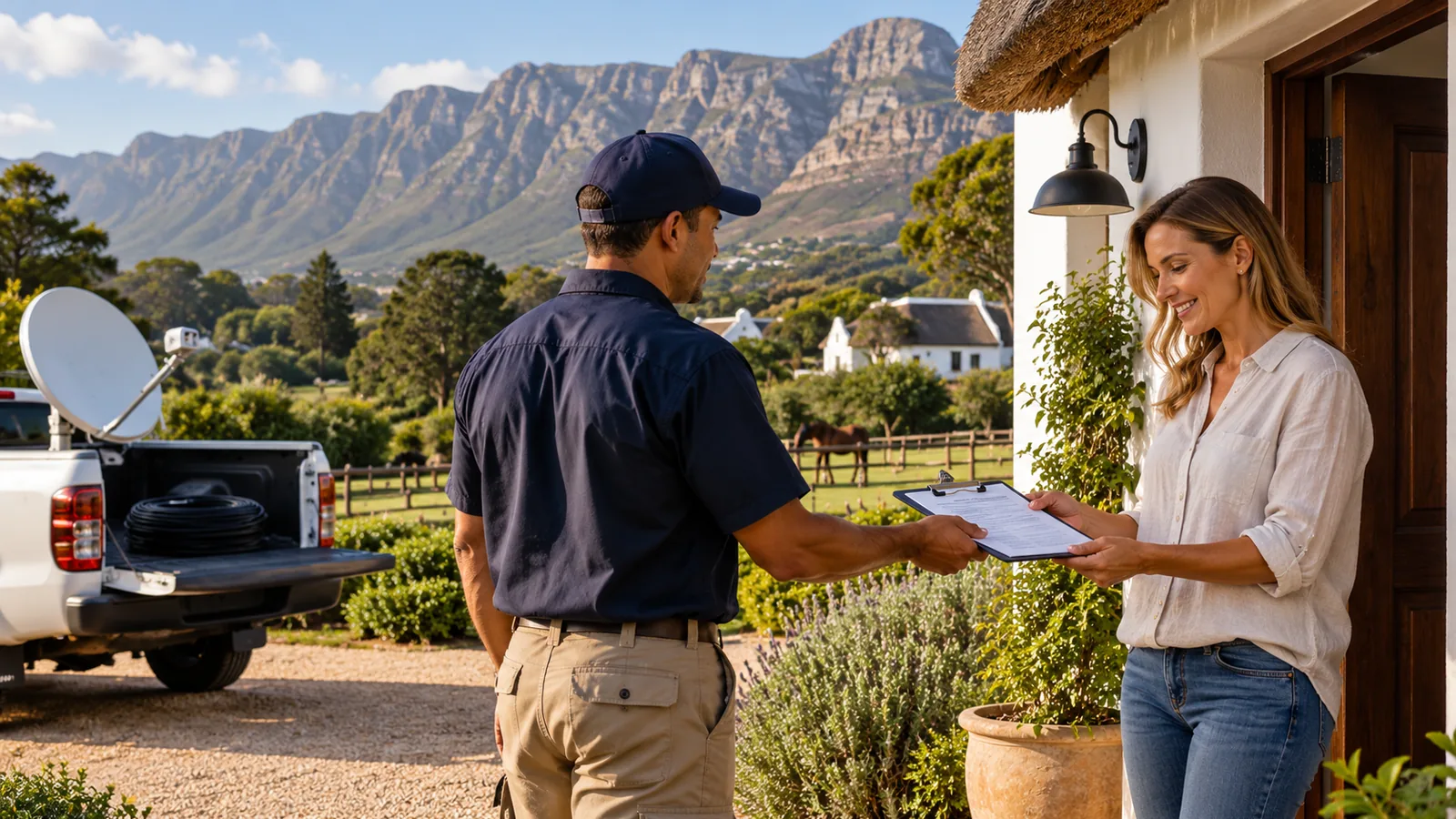 OpenView Installation Price in Noordhoek: Honest 2026 Guide 5 Technician handing an OpenView installation price quote to a Noordhoek homeowner at the door