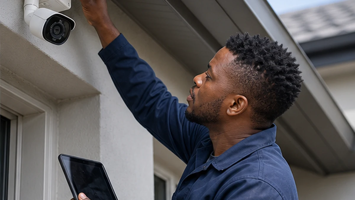 Technician installing an outdoor CCTV camera at a Noordhoek property