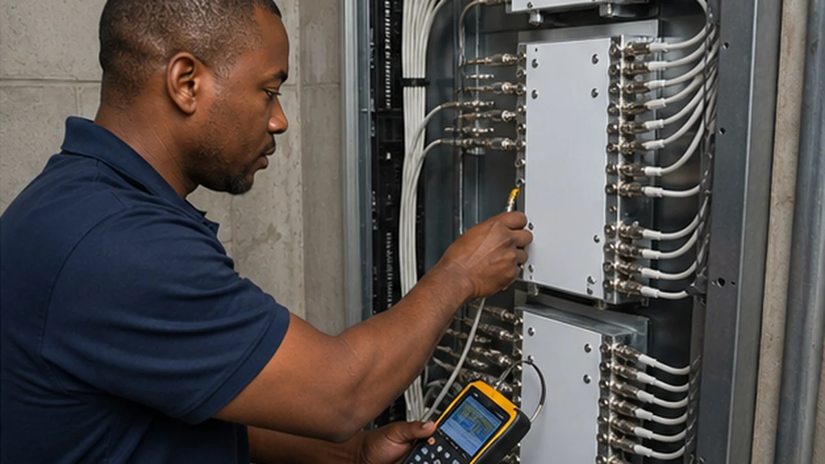 Technician testing a communal DStv distribution system in Noordhoek