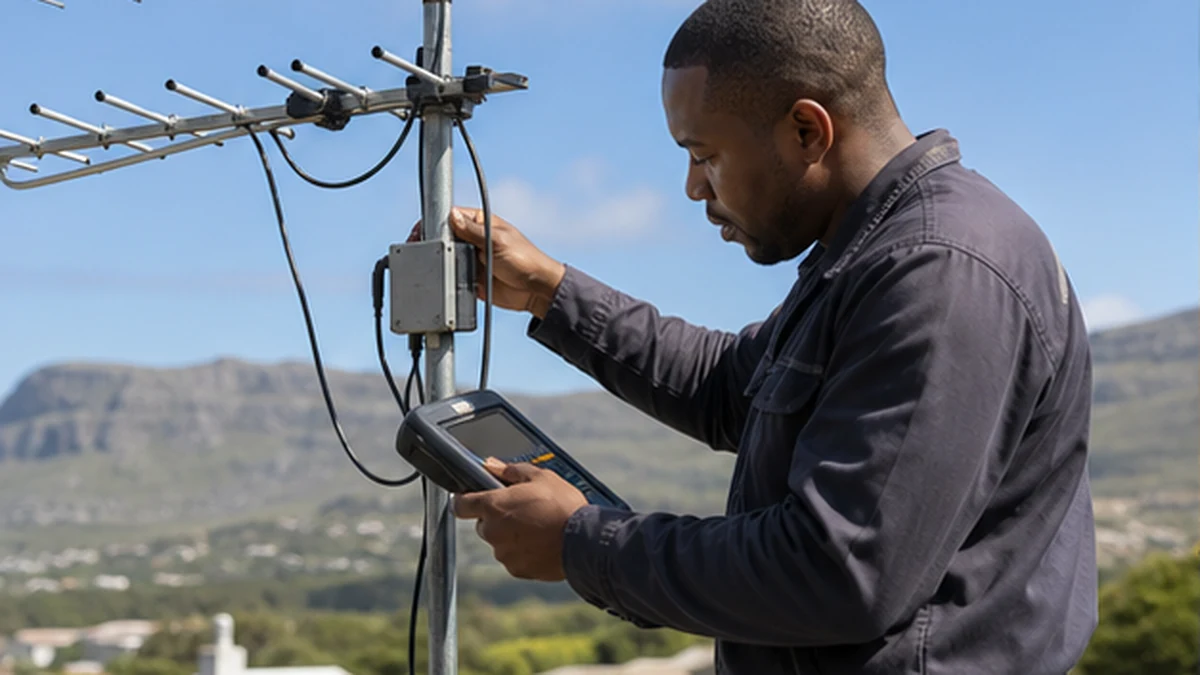 Technician testing TV aerial and amplifier faults in Noordhoek