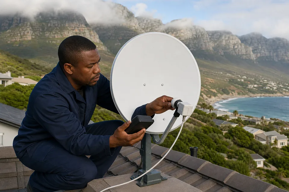 Accredited technician aligning a satellite dish on a Noordhoek home with the valley behind