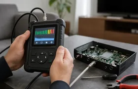 Technician reading a professional signal analyser beside a DStv decoder