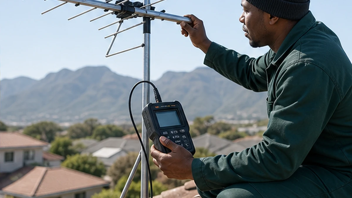 Technician installing a TV aerial on a Noordhoek home