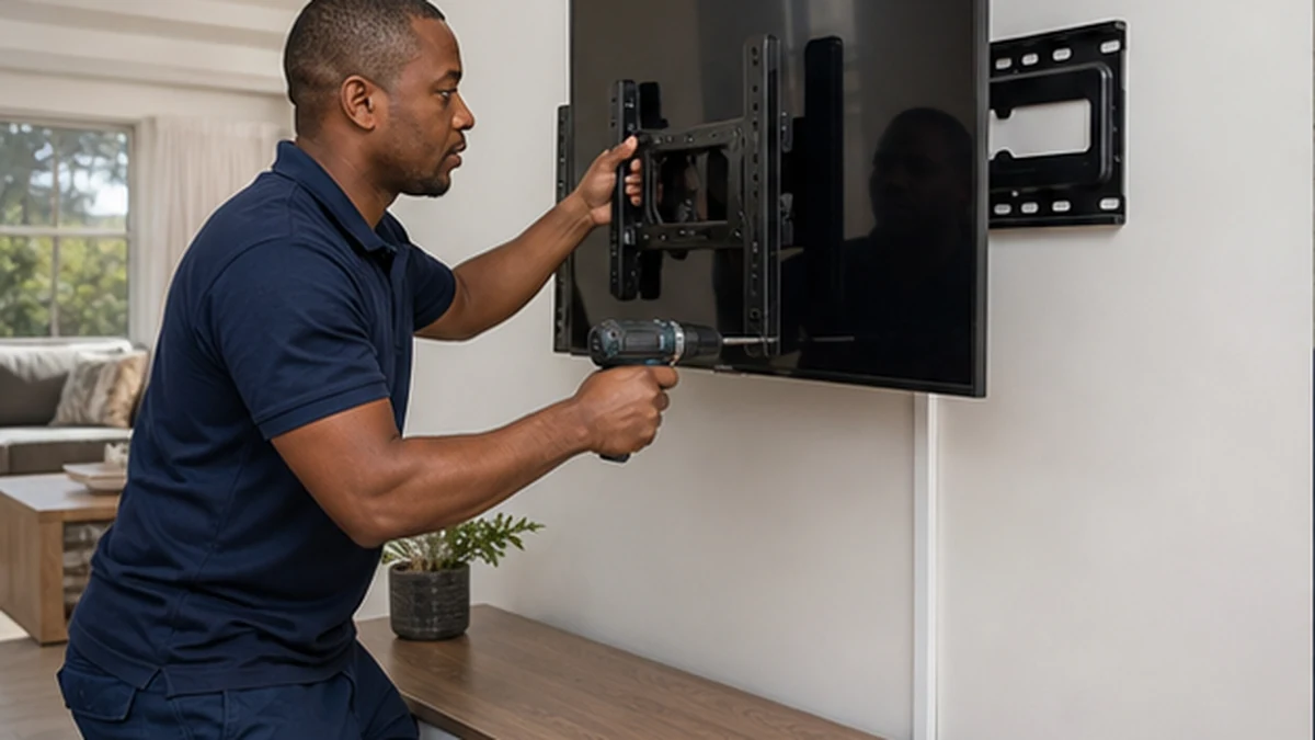 Professional TV Wall Mounting in Noordhoek 1 Technician levelling a wall-mounted television in a Noordhoek home